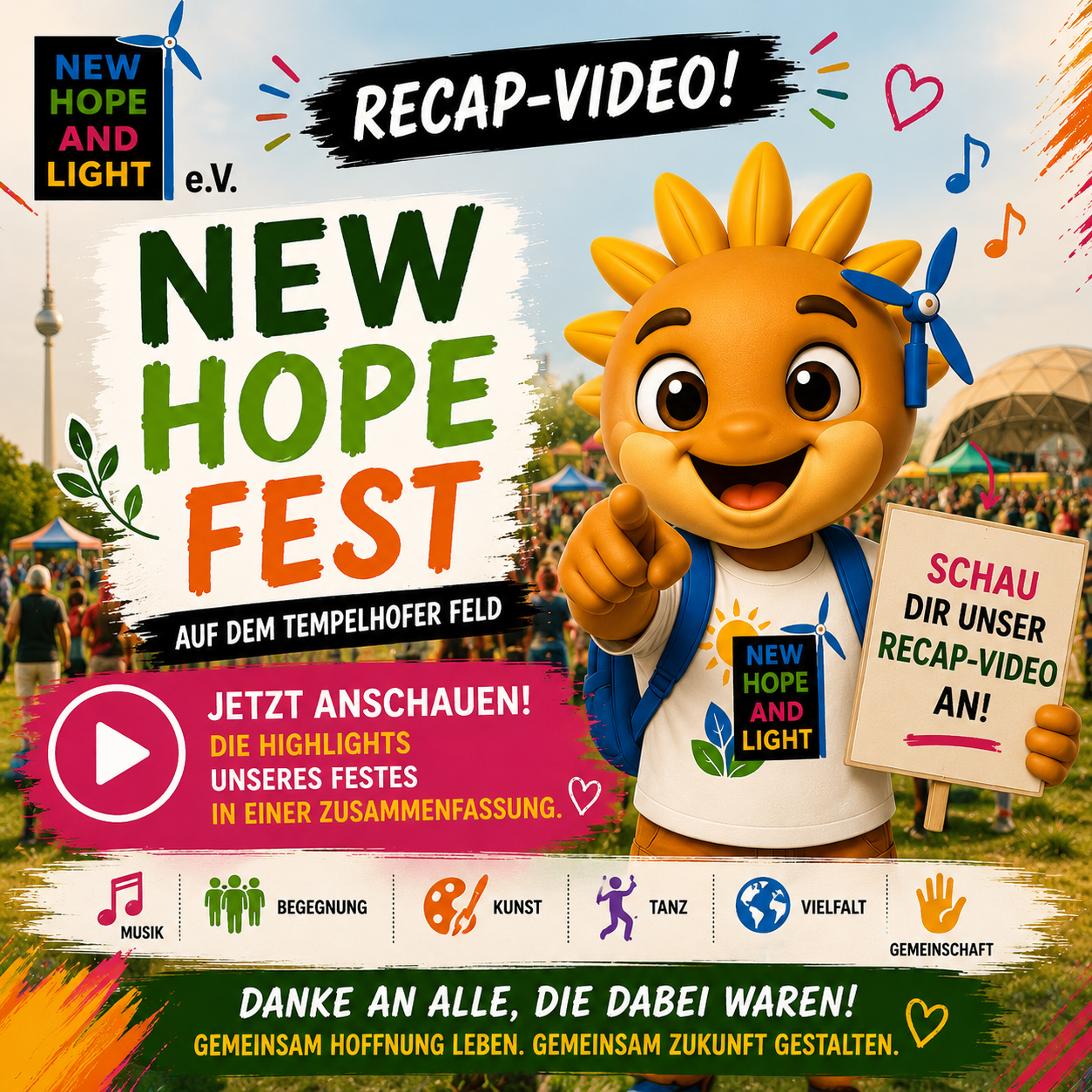 Lumi lädt dazu ein, das Recap-Video des New Hope Fests im Rahmen der Fête de la Musique auf dem Tempelhofer Feld anzuschauen. Das Bild zeigt Musik, Begegnung, Tanz, Vielfalt und Gemeinschaft.