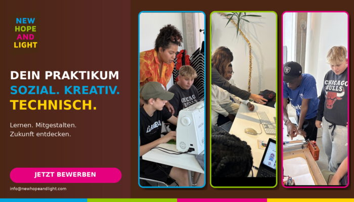 Jugendliche sammeln bei New Hope and Light praktische Erfahrungen in Textilgestaltung, Medienarbeit und digitaler Fertigung.