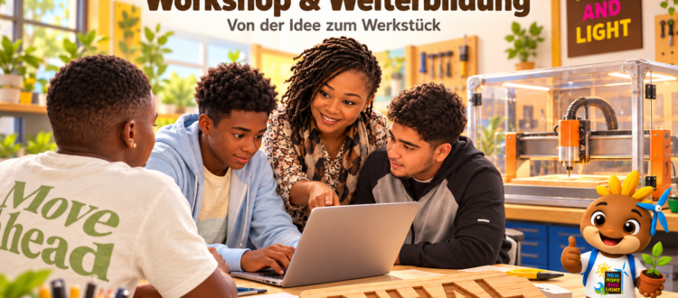 llustration von Flaure Ngamou und Jugendlichen beim Gestalten eines Holzschilds am Laptop. Daneben stehen eine CNC-Fräse und Maskottchen Lumi.